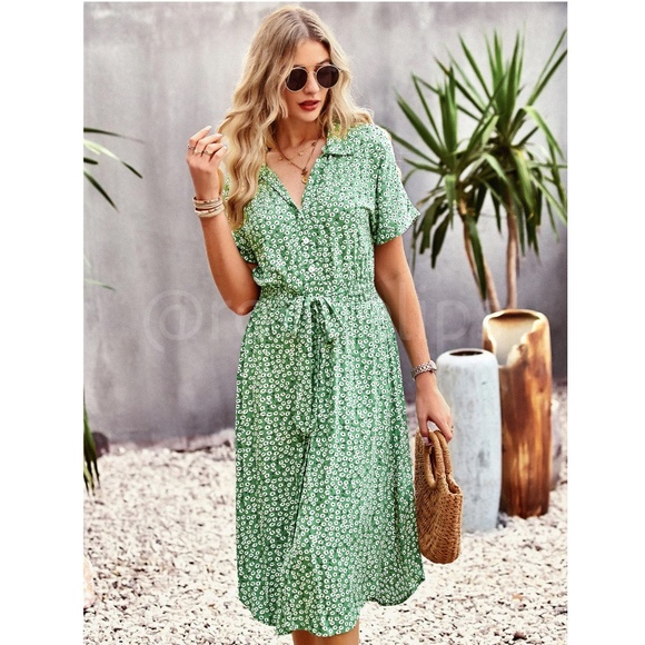 Green Floral Print Midi Dress Button Front V-Neck - Picture 10 of 16